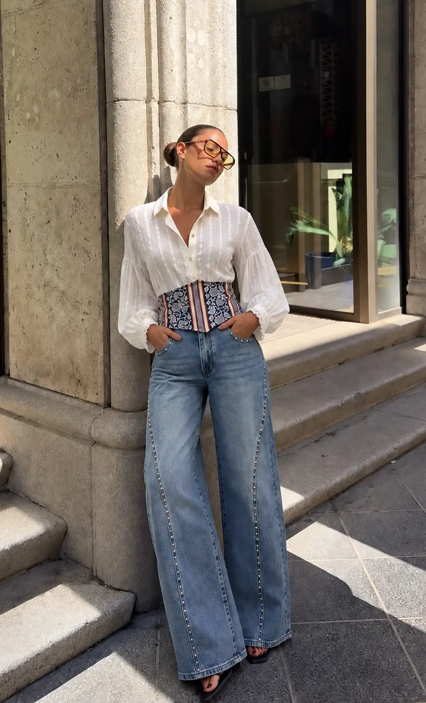 Estilo urbano com camisa marfim e ganga.webp