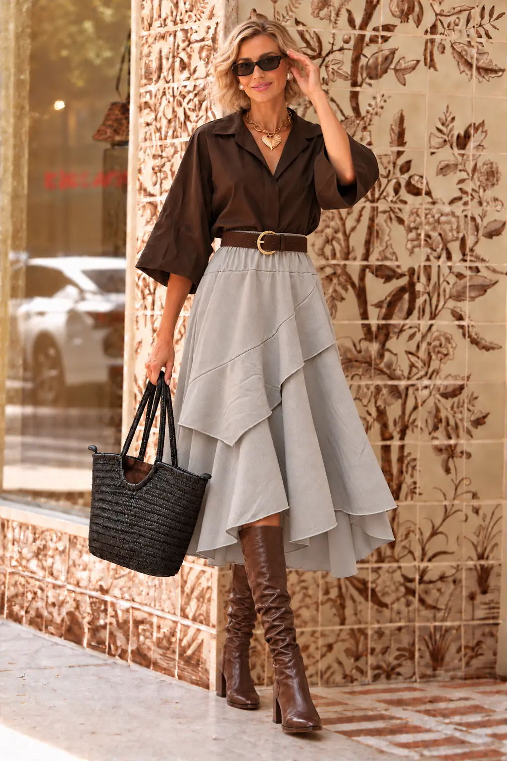 Caminhada elegante com cinto dourado.webp