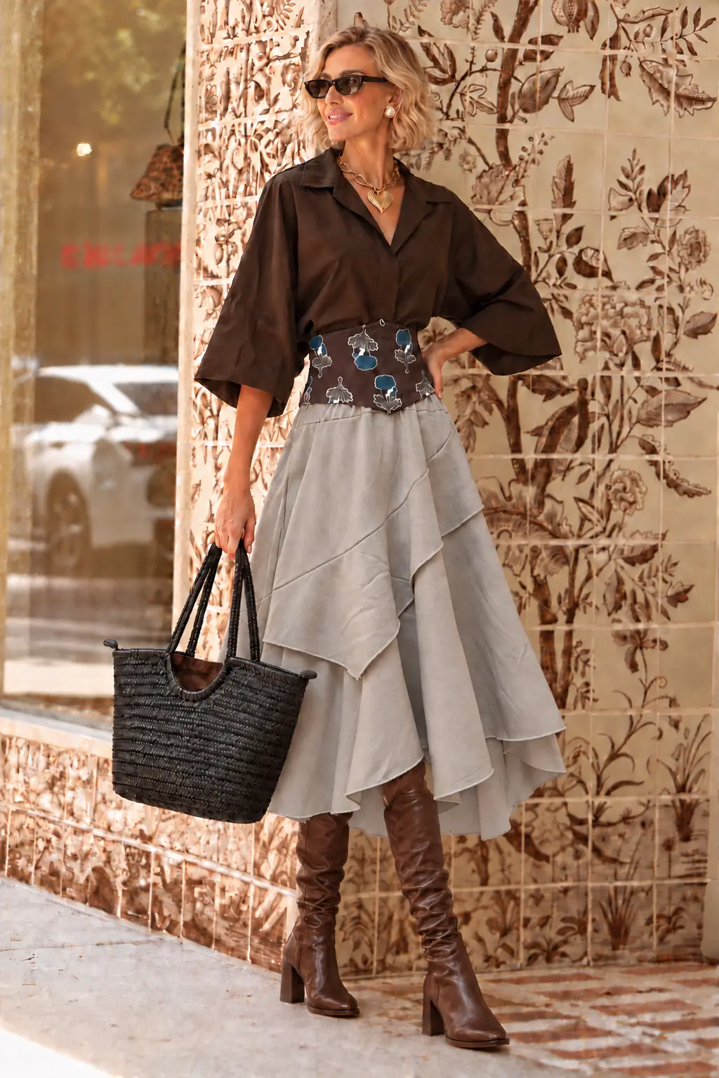Saia taupe encurtada com botas castanhas.webp