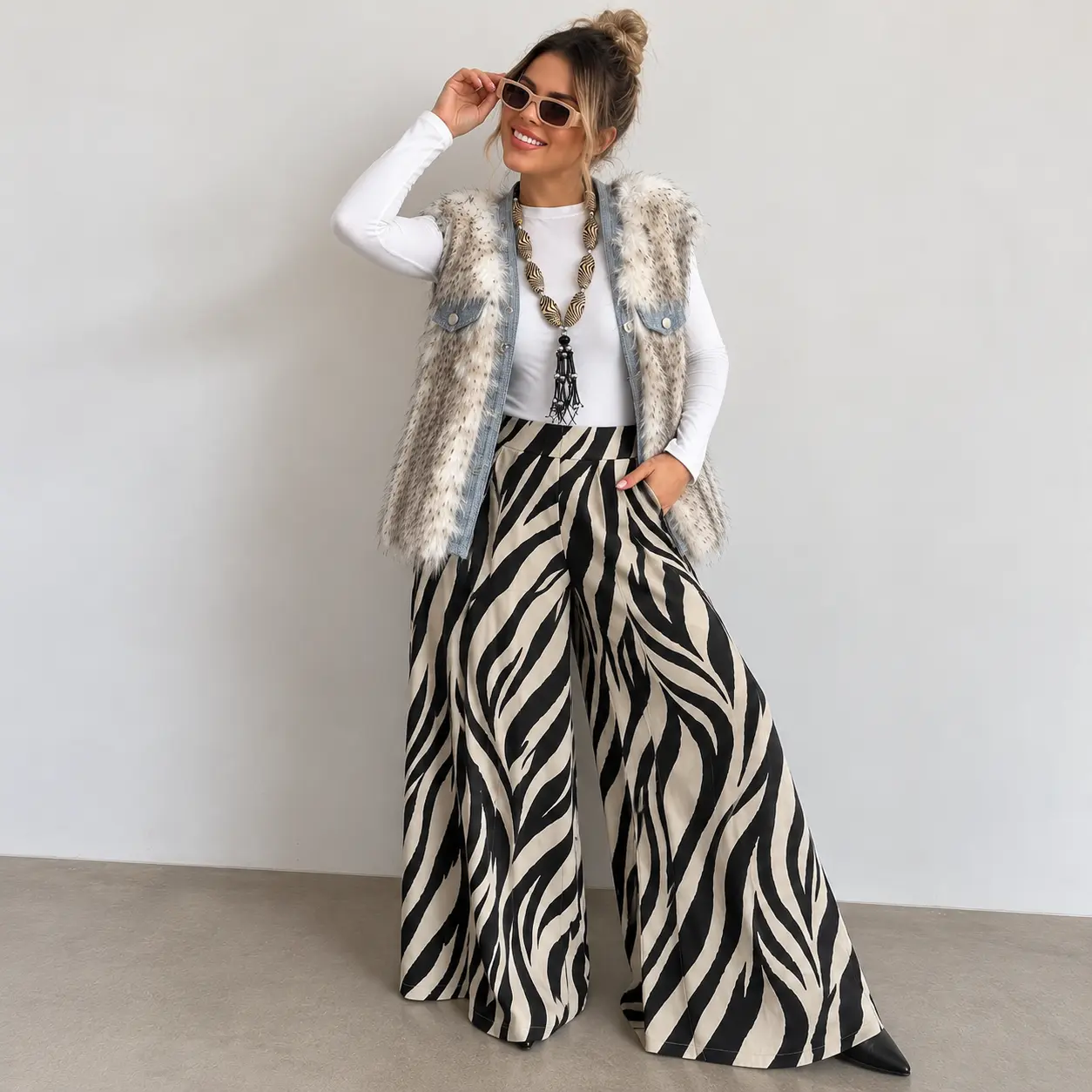 Mulher elegante com look zebra e colete de pelo falso.webp